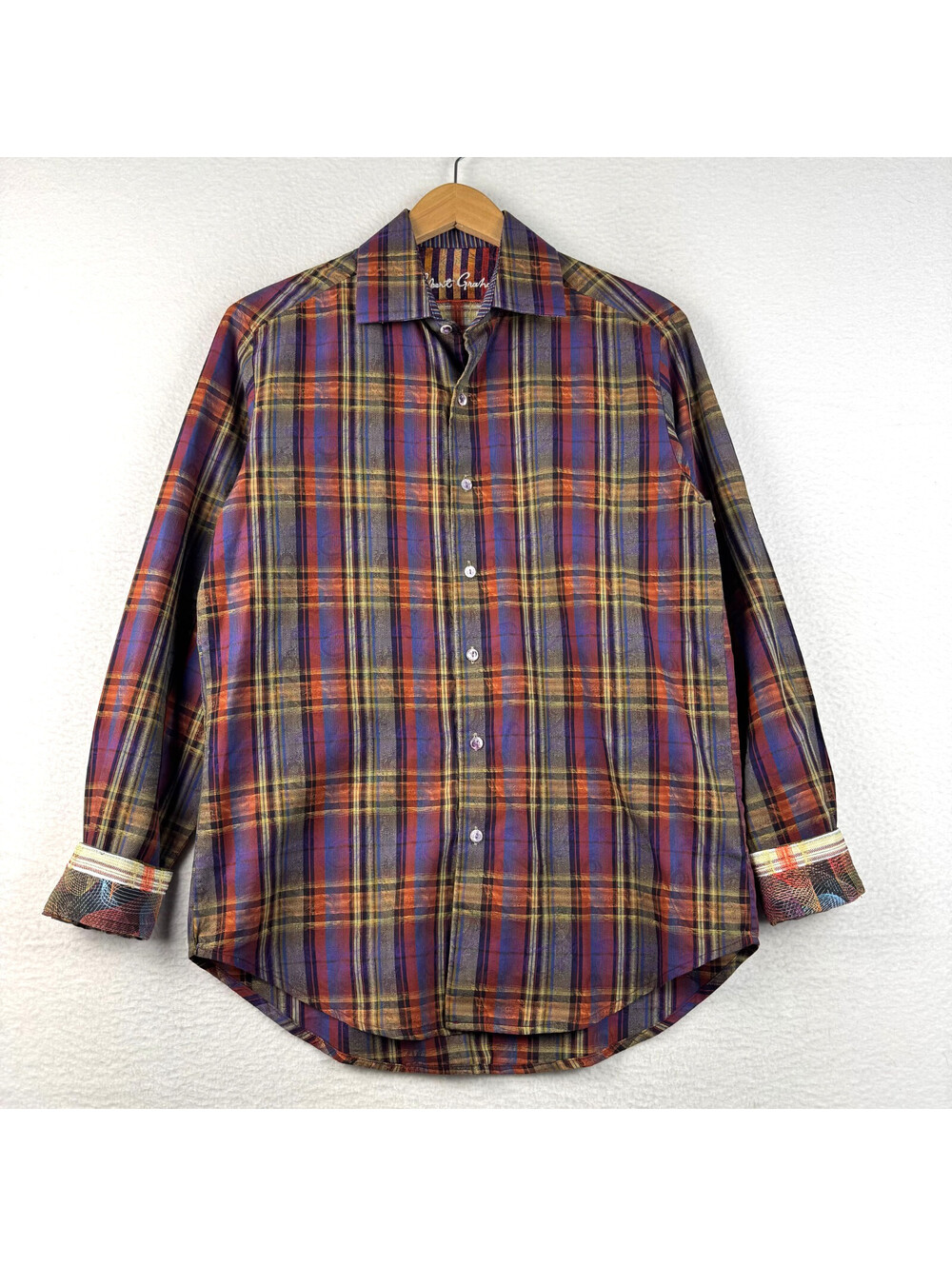 Robert Graham Mens Small Classic Fit Flip Cuff Purple Plaid Long Sleeve Shirt